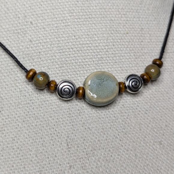 Circle Spiral Charm Blue Green Ceramic Wood Bead Boho Whimsical Choker Necklace - Picture 4 of 4